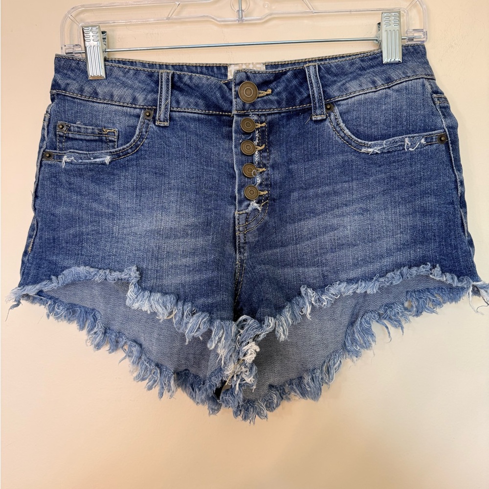 Gianni Bini Medium Blue Distressed Button-Front Denim Shorts